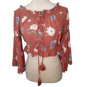 American Eagle Brown Floral Cropped Boho Peasant Blouse Size S